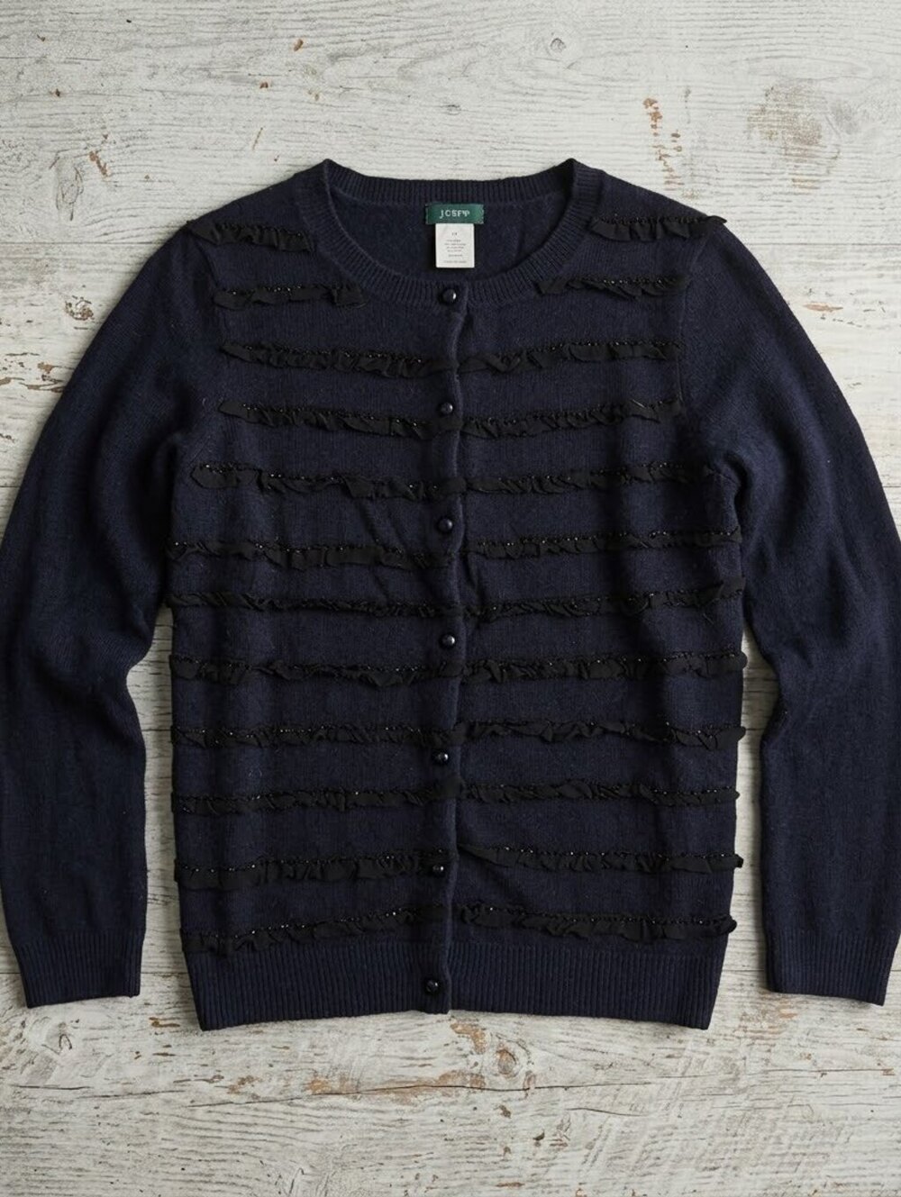 J.Crew Womens XS Navy Blue Wool Cashmere Ruffle Beaded Cardigan Sweater Coquette